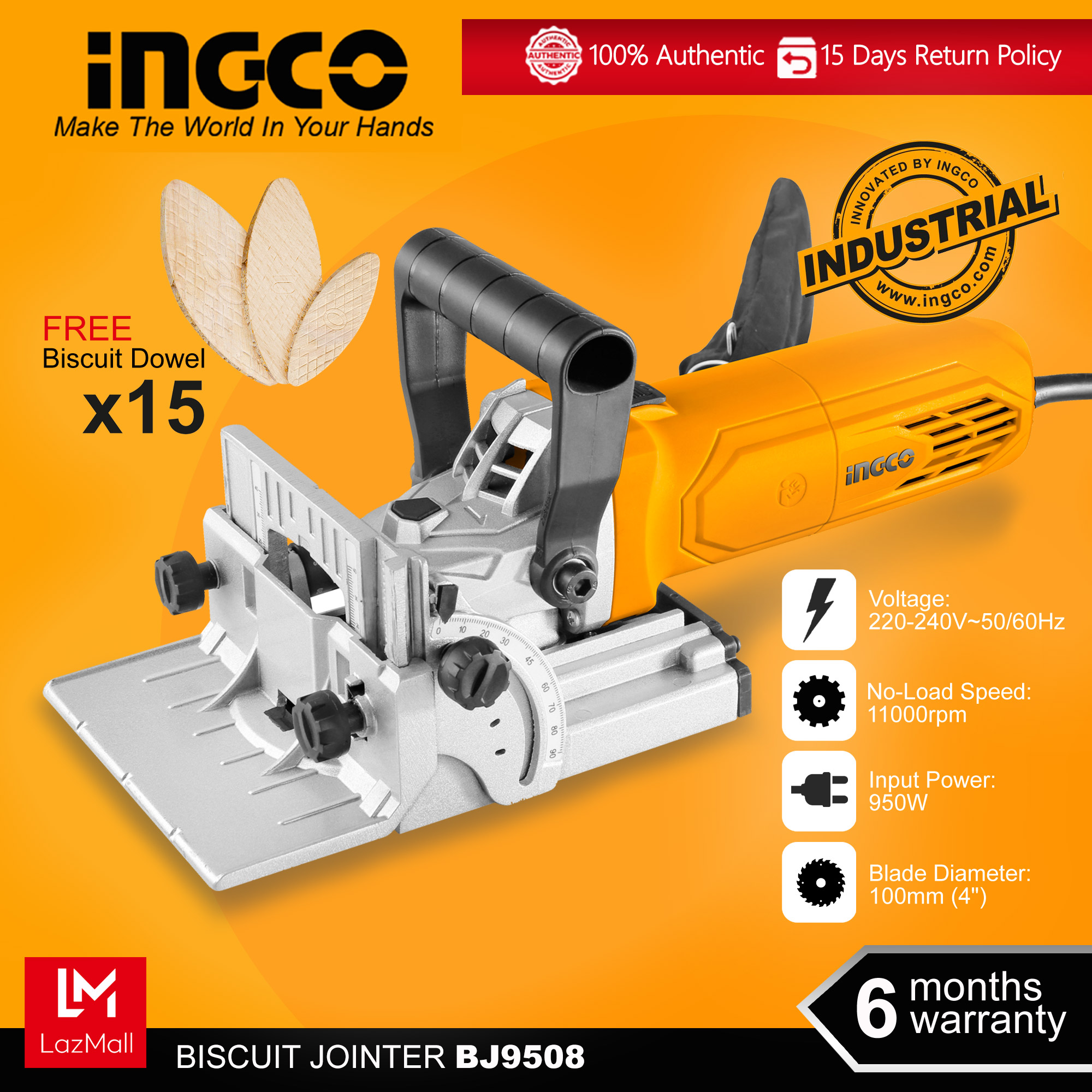 Ingco BJ9508 4" Electric Biscuit Jointer 950W with Adjustable Height