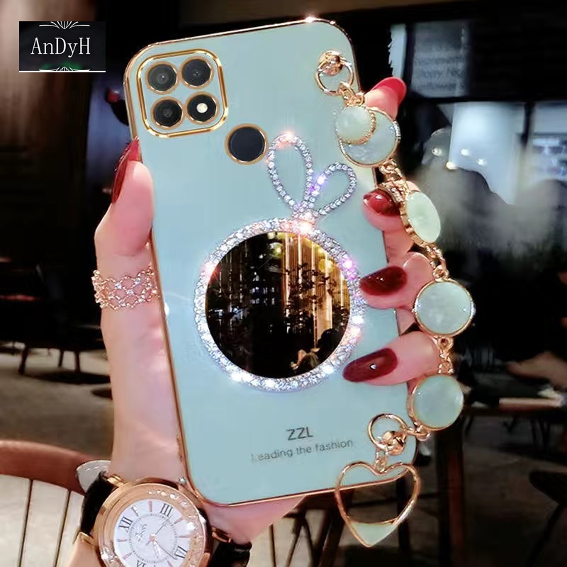AnDyH Precise camera protection case For OPPO A15 A15S cases Bunny makeup mirror with gemstone bracelet