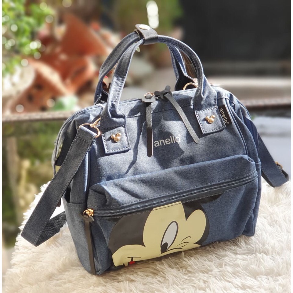 A.N.E.L.L.O Japan Made 3Way Convertible Bag Dense Mottled Polyester Canvas  Mickey Print Unisex Backpack / Shoulder Bag - Light Pink / Grey