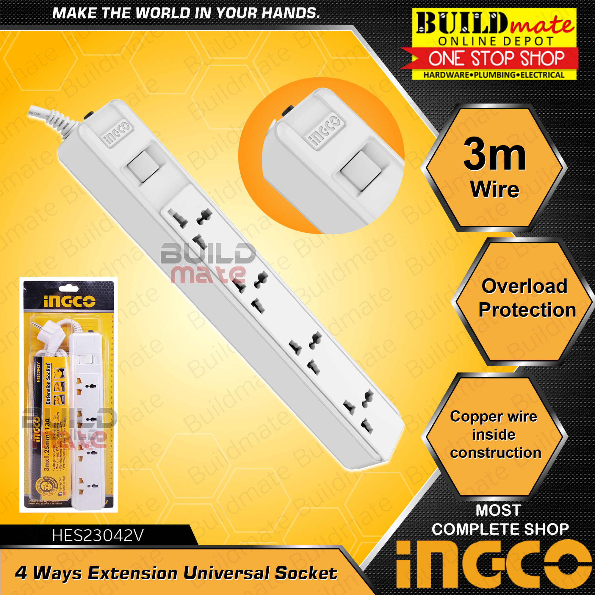 INGCO 4 Ways Extension Cord Universal Socket Outlet HES23042V