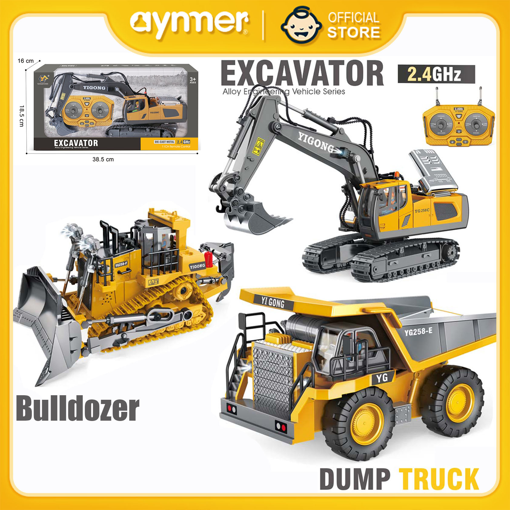 AYNMER】Alloy RC Remote Control Crane Dump Excavator Bulldozer Truck Crane  Car Engineering Vehicle Toy Toys Gifts For Kids Boys