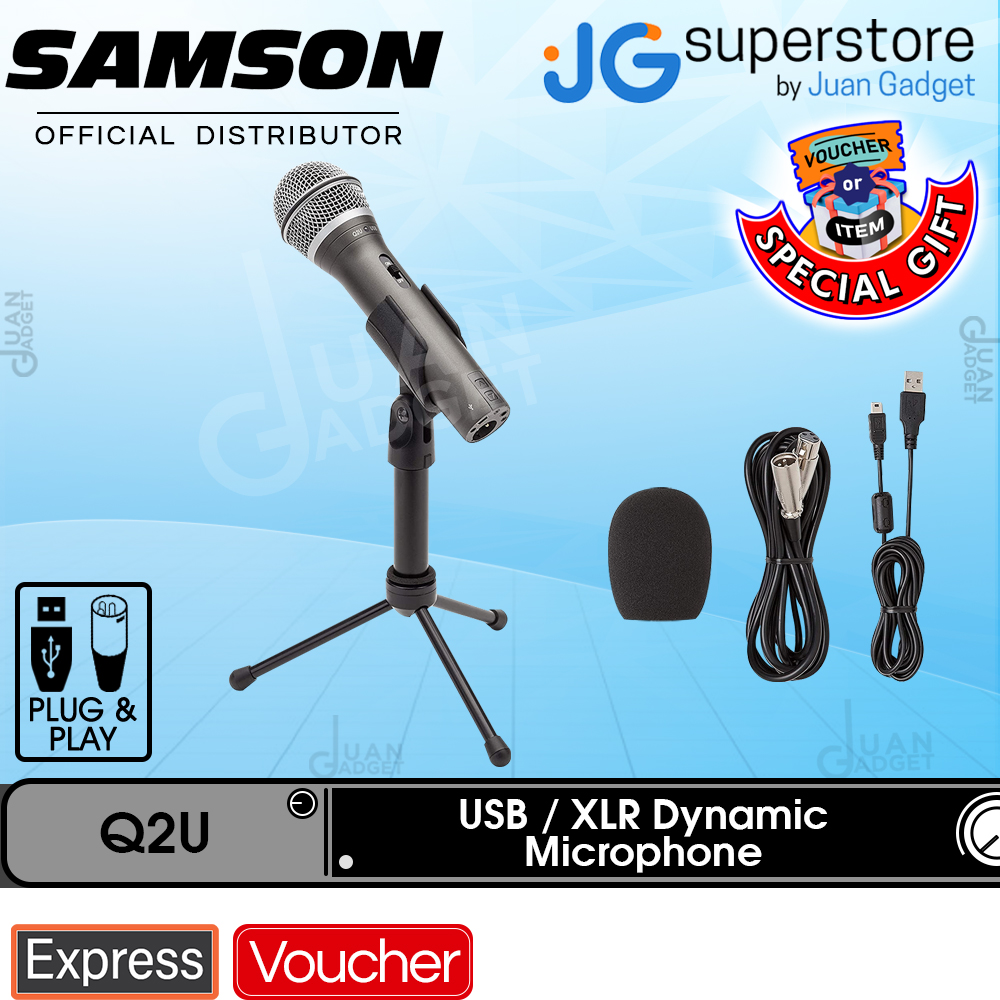 Samson Q2U USB/XLR Dynamic Microphone with Accessories Podcasting Live Sound Music Recording