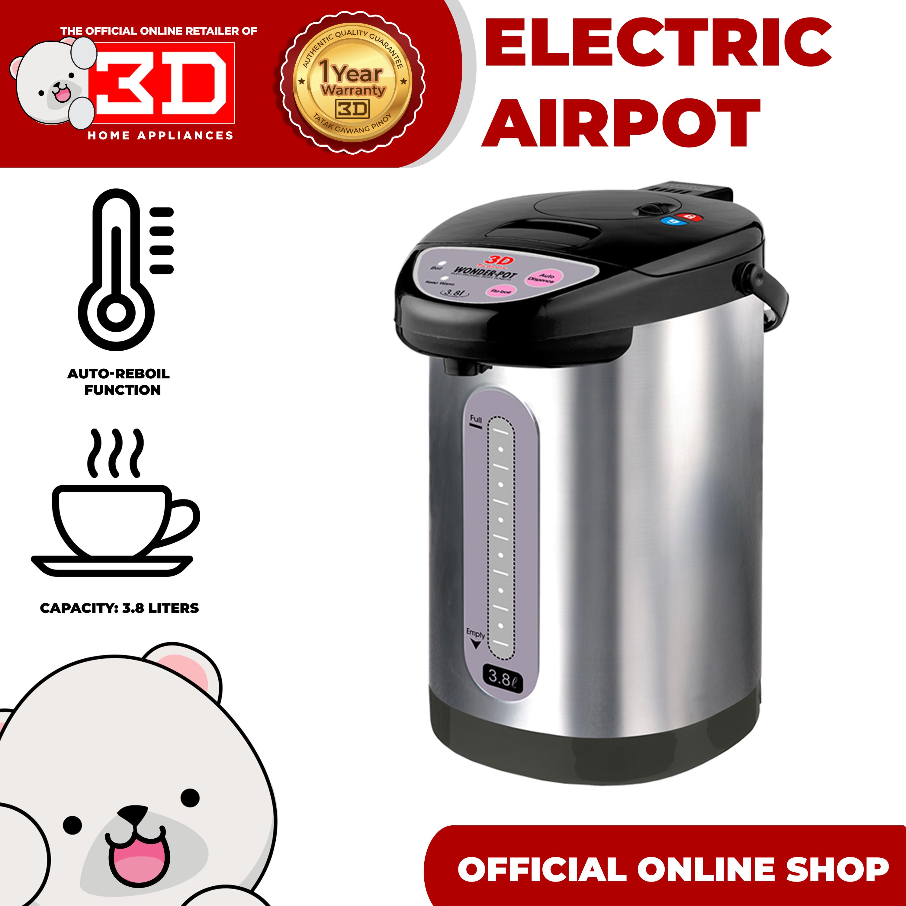 3D AX380E Easy Touch Manual & Auto Dispense Electric Airpot / Thermo