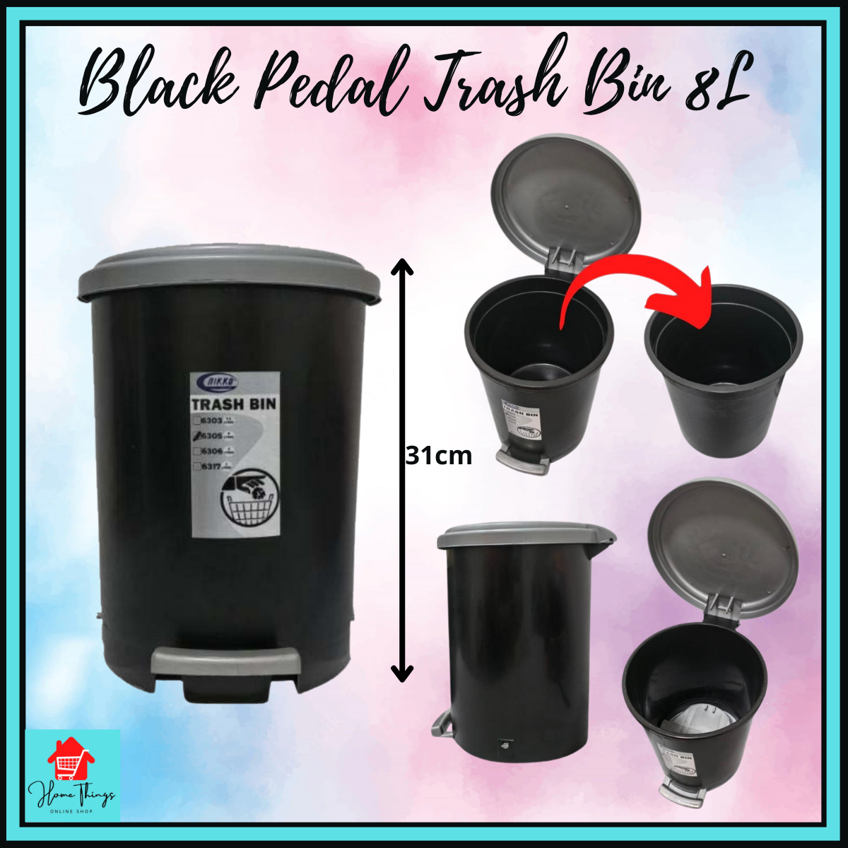 NIKKO 6305 31CM BLACK PEDAL TRASH BIN/ 8L NIKKO TRASH BIN/ BLACK TRASH