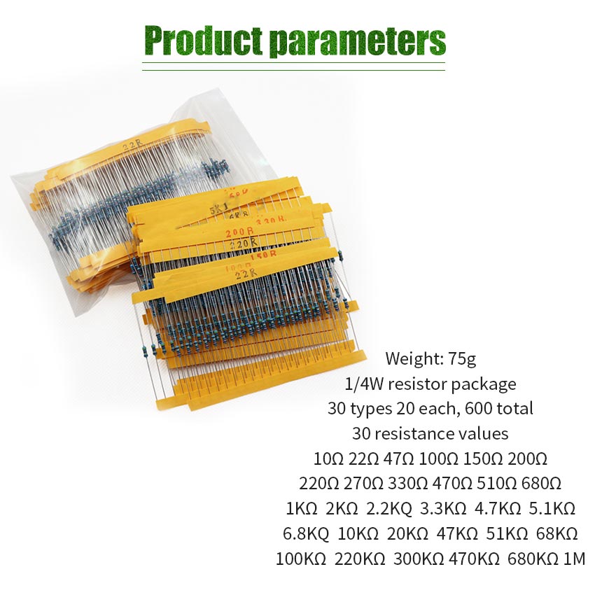 600pcs/set 30 Kinds 1/4W Resistance 1% Metal Film Resistor Pack Assorted Kit 1k 10k 100k 220ohm 1m R I.134787997