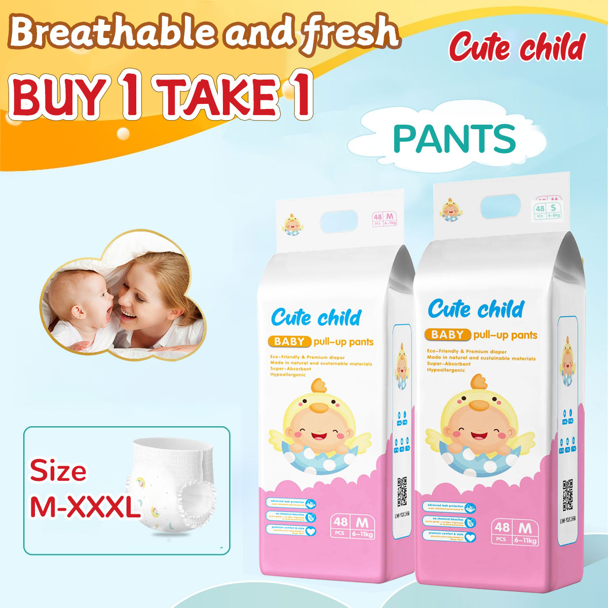 【Buy Take 】Cute Child Baby Diaper Pants Breathable Disposable Pull-Up  Pants Ultra-Thin Diaper Pants High Water Absorption Capacity Prevent  Leakage