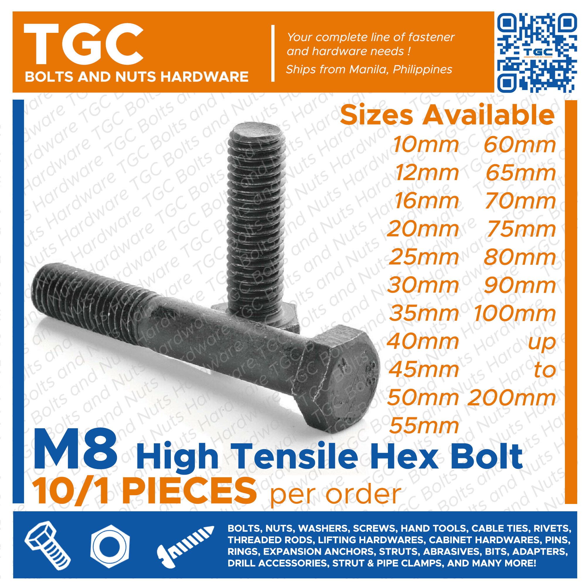 High Tensile/ 8.8, fully threaded bolt M8 x 65mm Set Screw 140mm Hex Head 