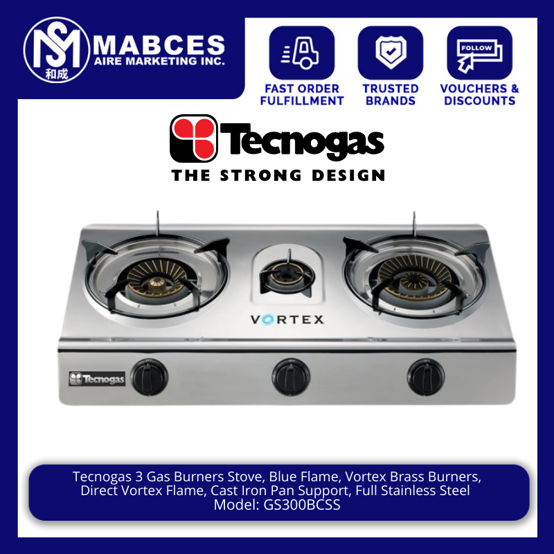 Tecnogas 3 Gas Burners Stove, Blue Flame, Vortex ss Burners, Direct