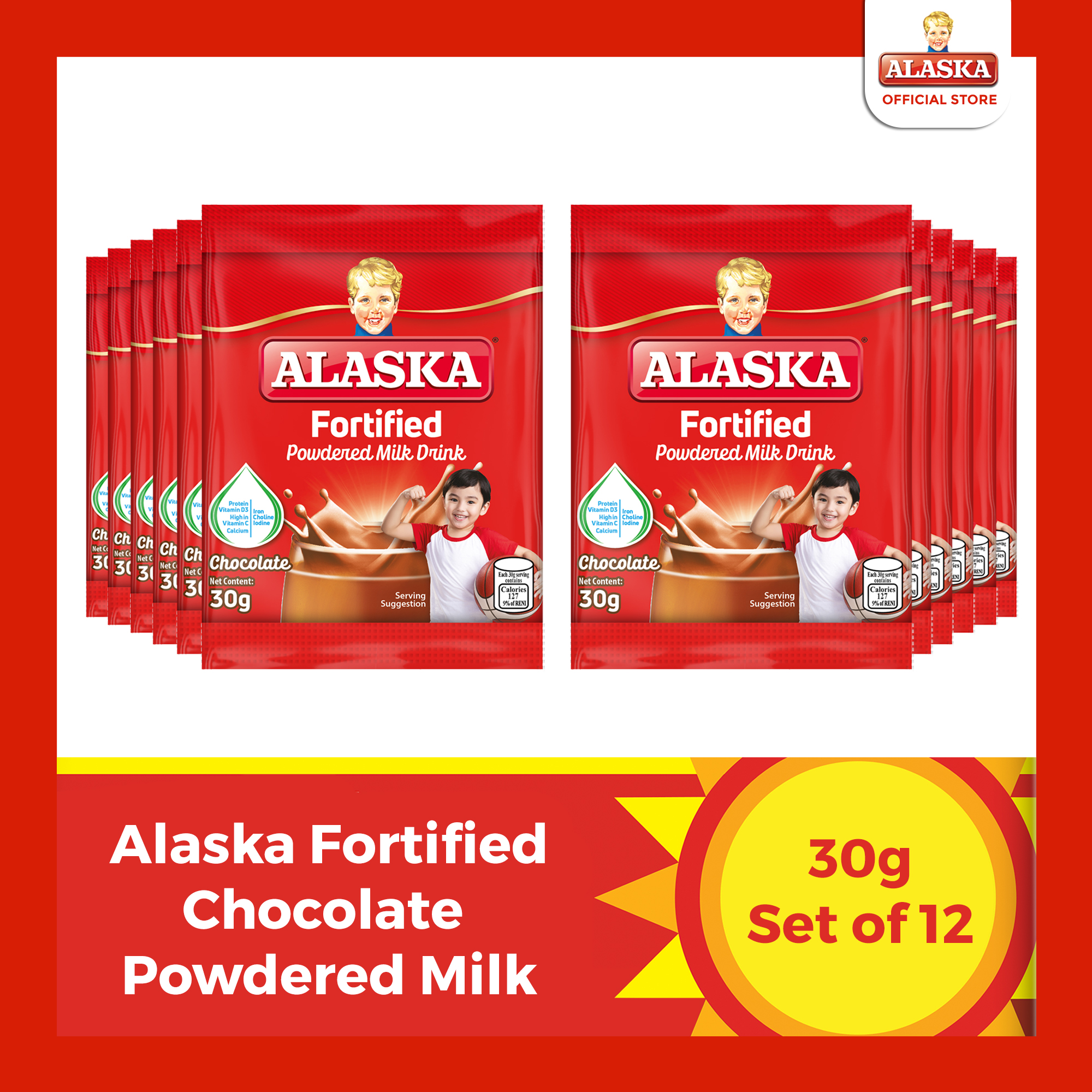Alaska Fortified Chocolate Powdered Milk Drink Sachet 30g Pack of 12