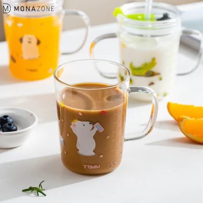 MONAZONE Children Glass Water Cup with Lid Straw Scale Milk Cup Animal Pattern Single Handle Double Handle Cup Household Drinkware