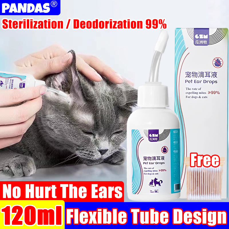 💖With Rubber Hose💖Cat Dog Mites Odor Removal Ear Drops 120ml Pet Ear