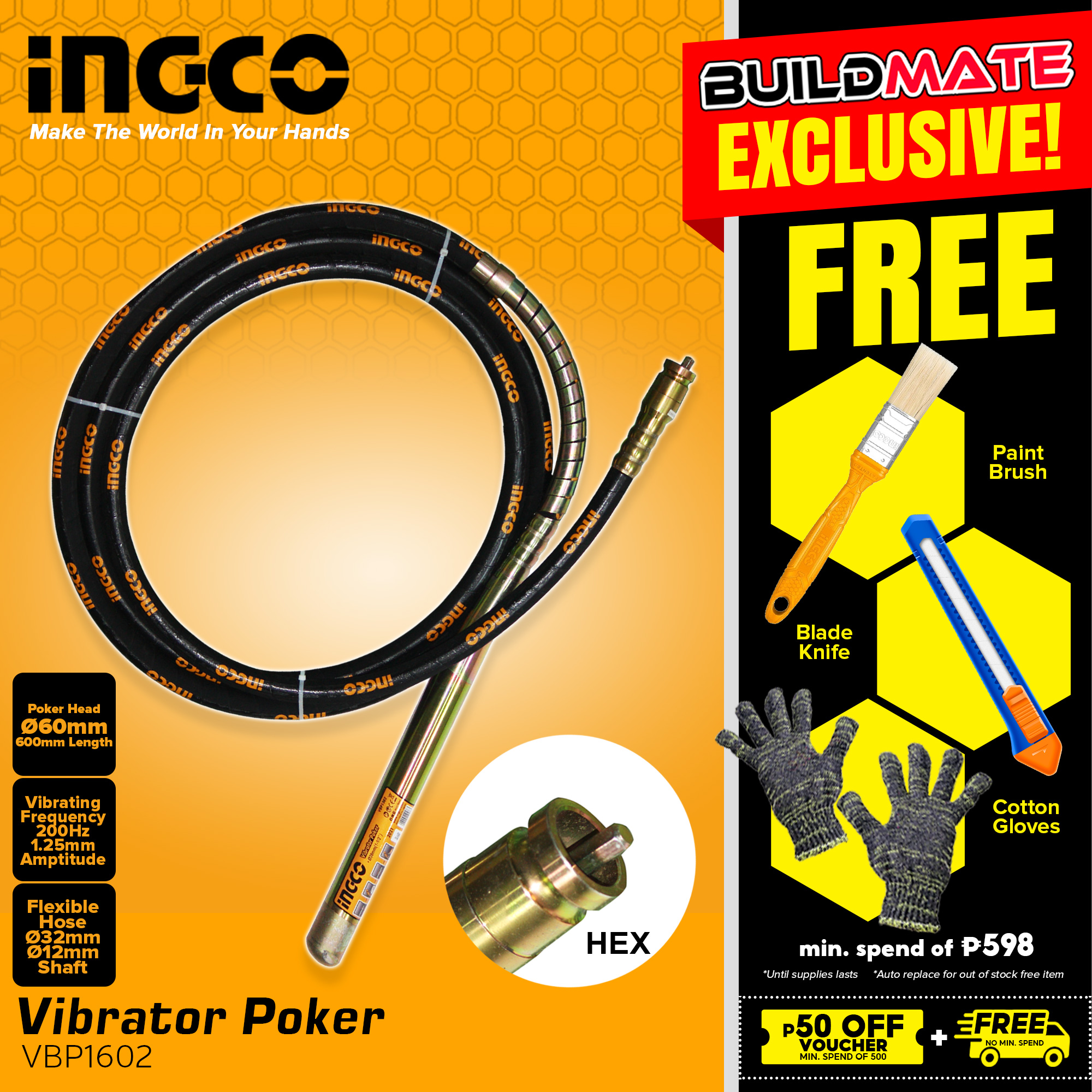 INGCO Concrete Vibrator Poker Hex VBP1602 BUILDMATE IHT Lazada PH