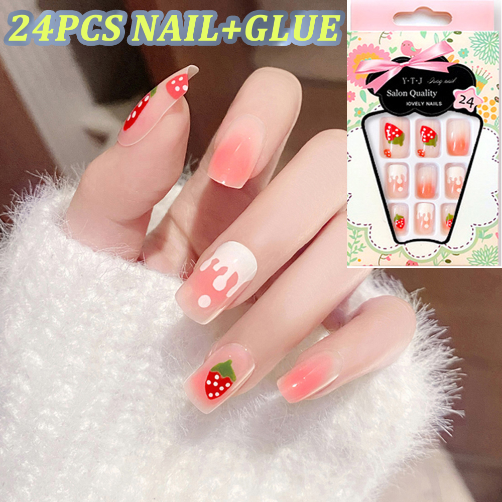 WEANBU7 24Pcs Artificial Nails Manicure Strawberry Gradient Jump Color  False Nail Tips DIY Nail Art Full Cover Fake Nails With Glue | Lazada PH