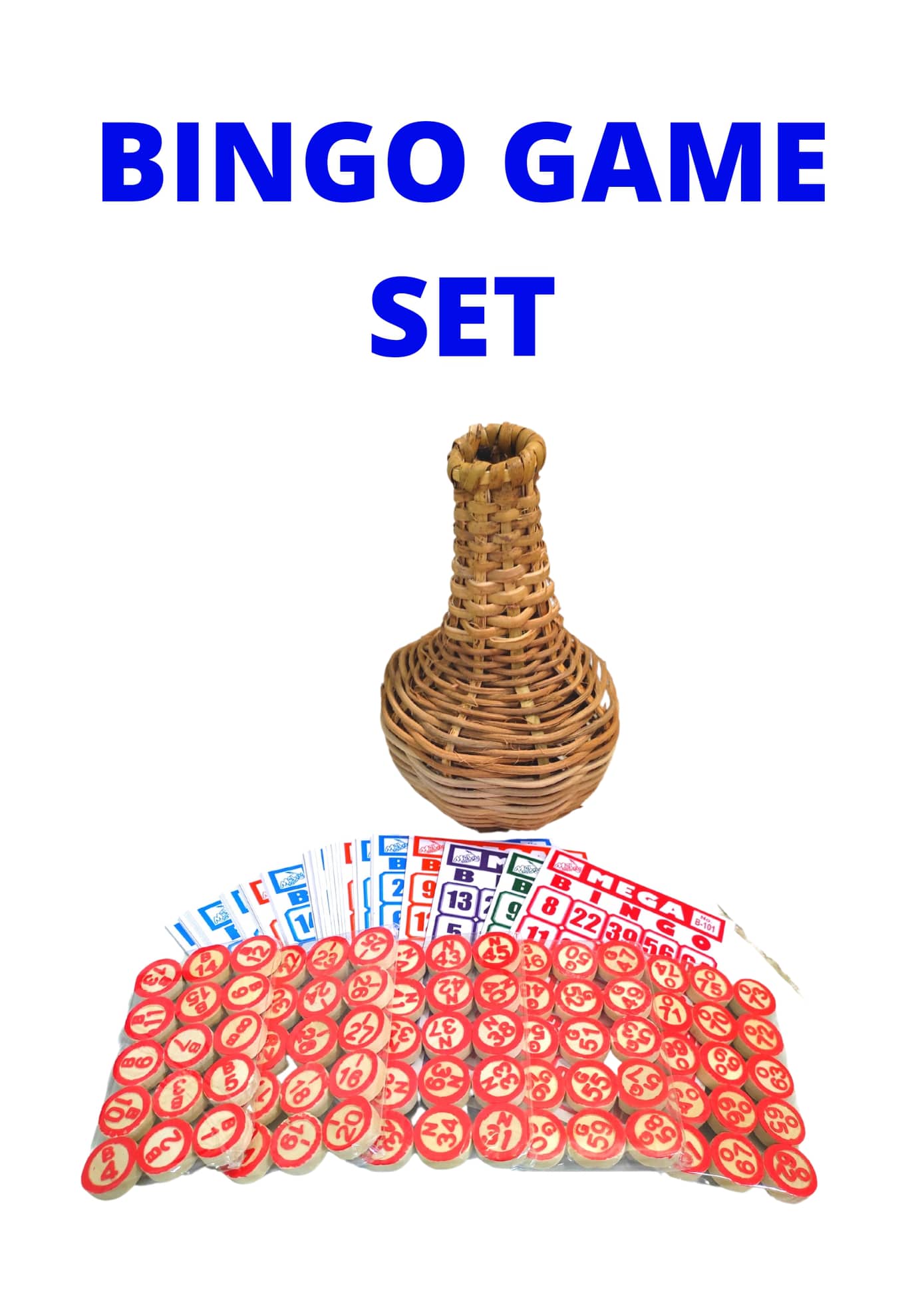 Bingo Set Game 50 Cards Numbers Letters Chips Shaker Rattan Plastic