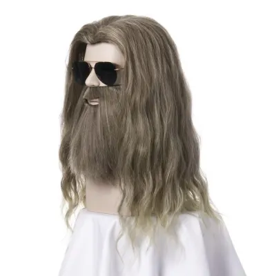 Long Wavy Synthetic Cosplay Wig Mixed Color Halloween Party Costume Wig for Men Wig and beard