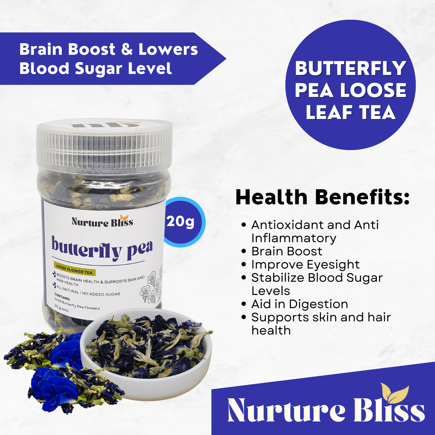 Nurture Bliss Butterfly Pea Flower Tea Dried Butterfly Pea Flowers