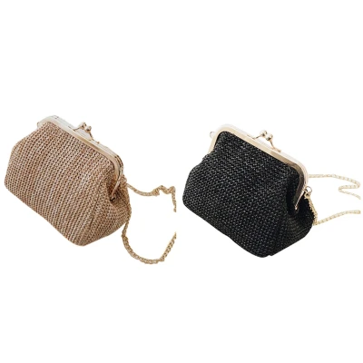 2Pcs Small Crossbody Boho Bags for Women Evening Clutch Bags Hasp Ladies Handbag Female Straw Beach Rattan Women Messenger Bag(Brown&Black)