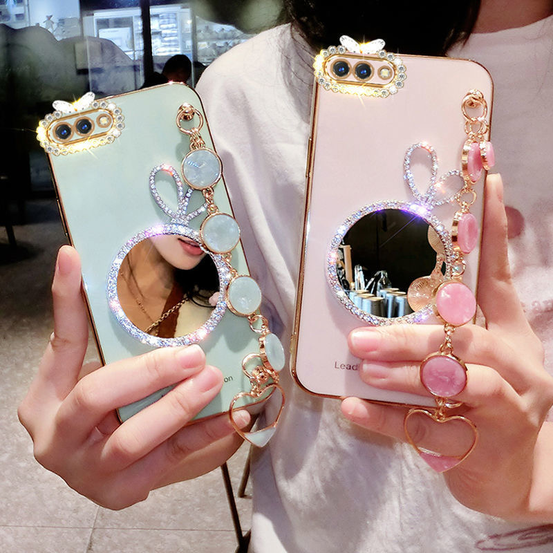 AnDyH Precise camera protection case For OPPO A3S A12E Realme C1 cases Bunny makeup mirror with gemstone bracelet