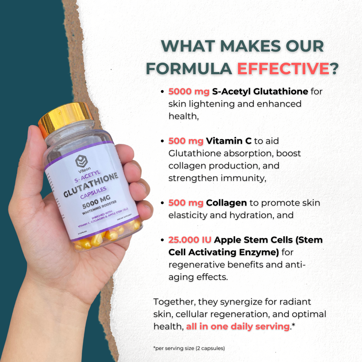 Viteon S-Acetyl Glutathione Capsules 5000 mg - Whitening Booster - With  Vitamin C, Collagen & Apple Stem Cells