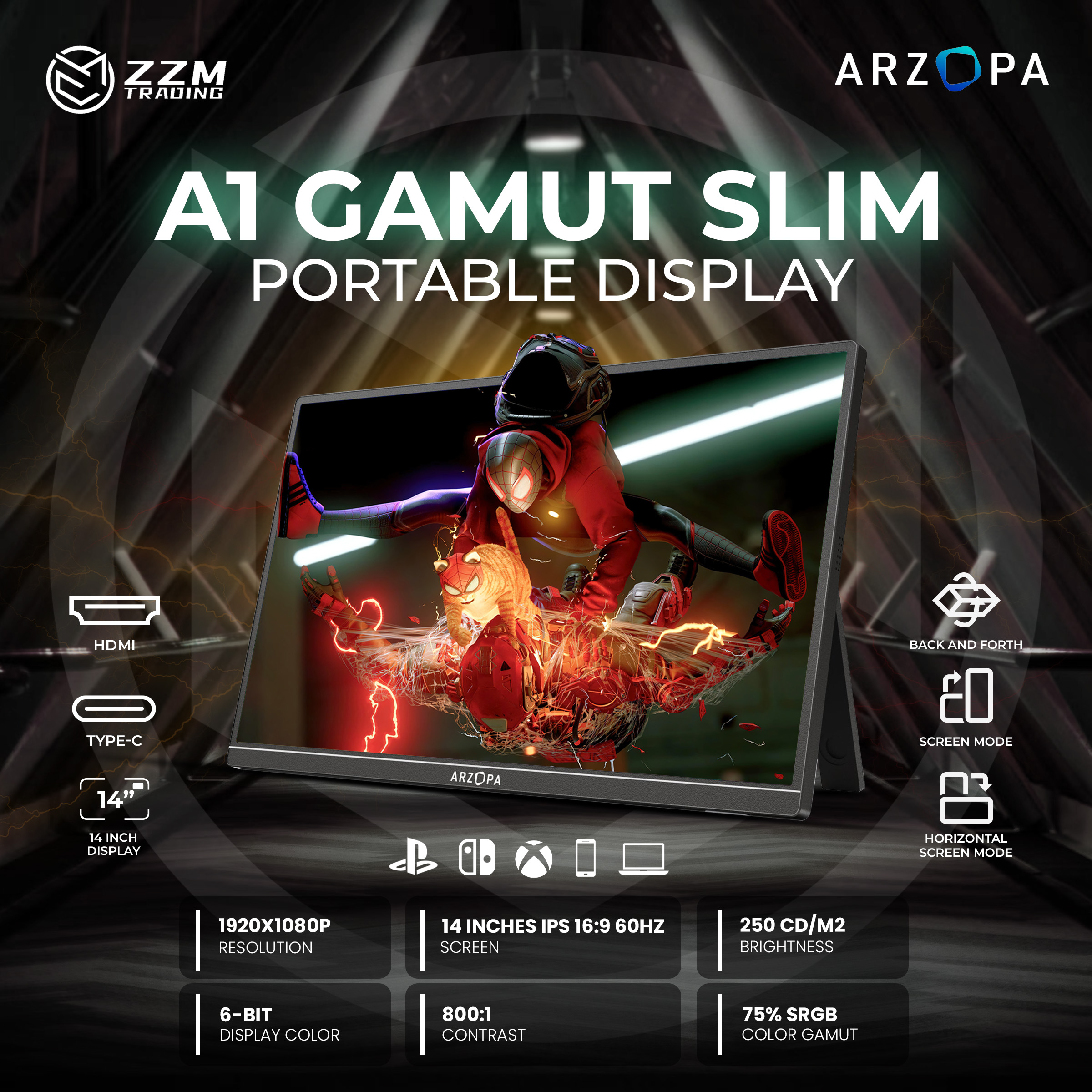 ARZOPA A1 Gamut Slim 14-inch Portable Display Monitor HDR Type-C, PS4/5 ...