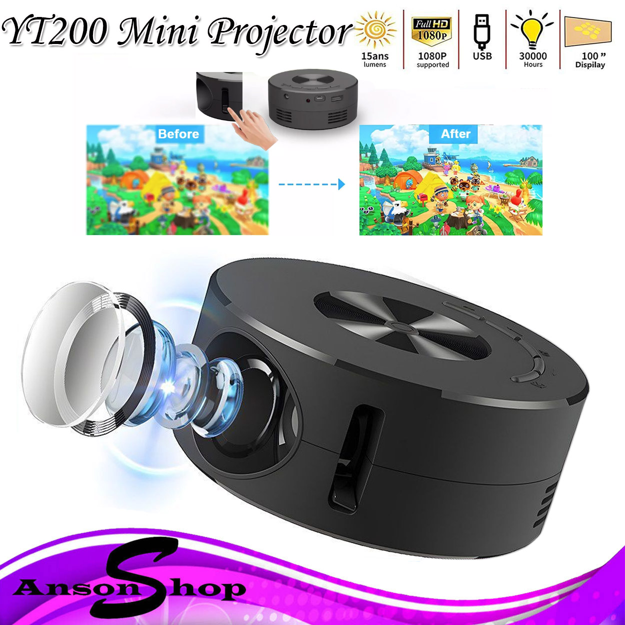 YT200 LED Mobile Video Projector Home Theater Media Player Kids Home