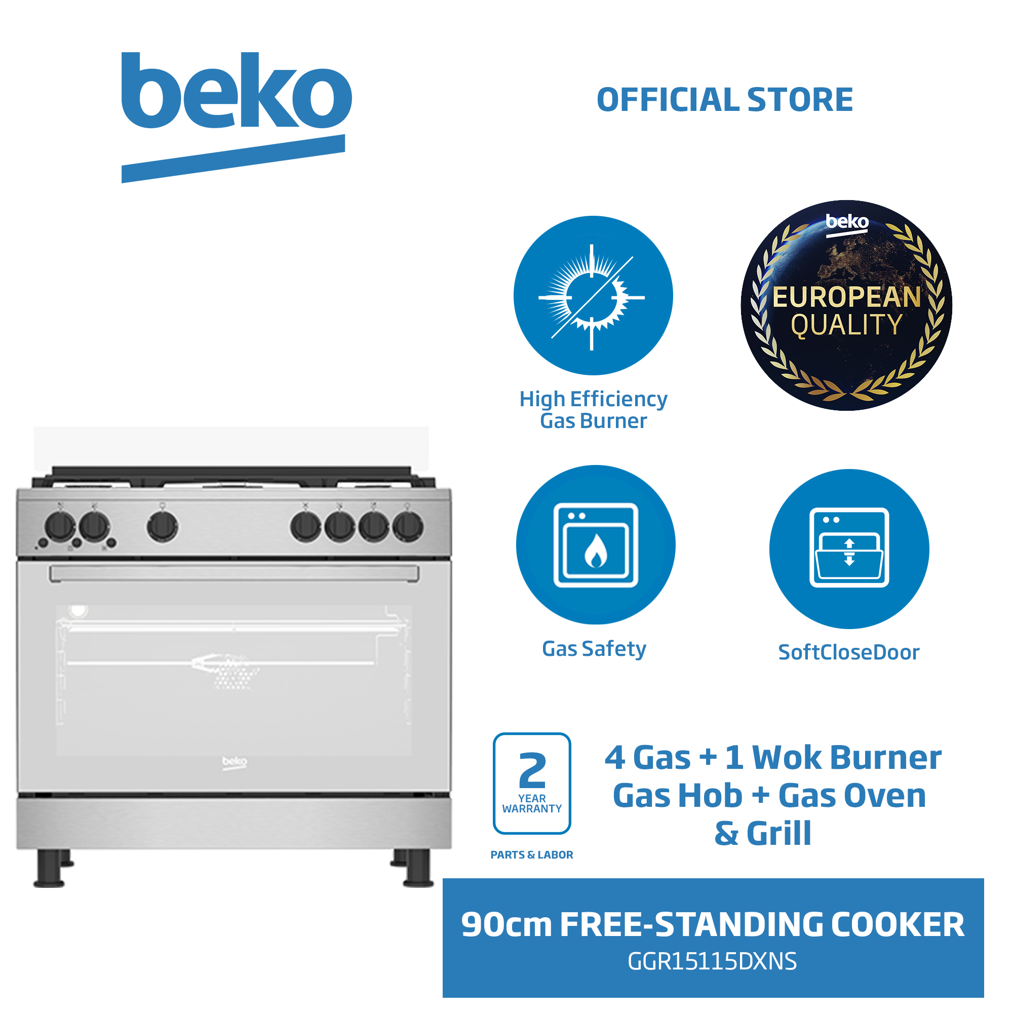 Beko Freestanding Cooker 90cm, 4 Gas + 1 Wok Burner Gas Hob & Gas Oven