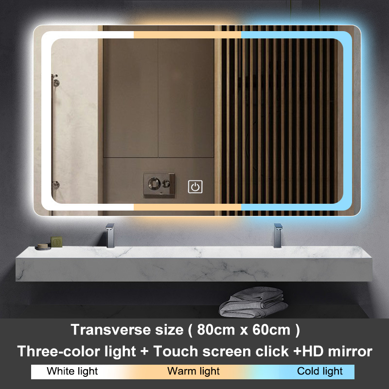 Bathroom Mirror With Led Light Wall Mounted Rectangle Smart Tricolor ...
