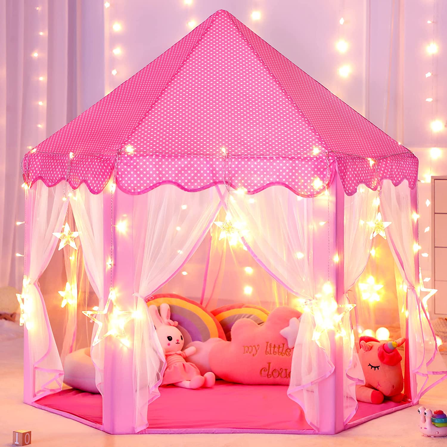 Princess Castle Tent for Girls Fairy Play Tents for Kids Hexagon Playhouse  with Large Star Lights Toys Keimav