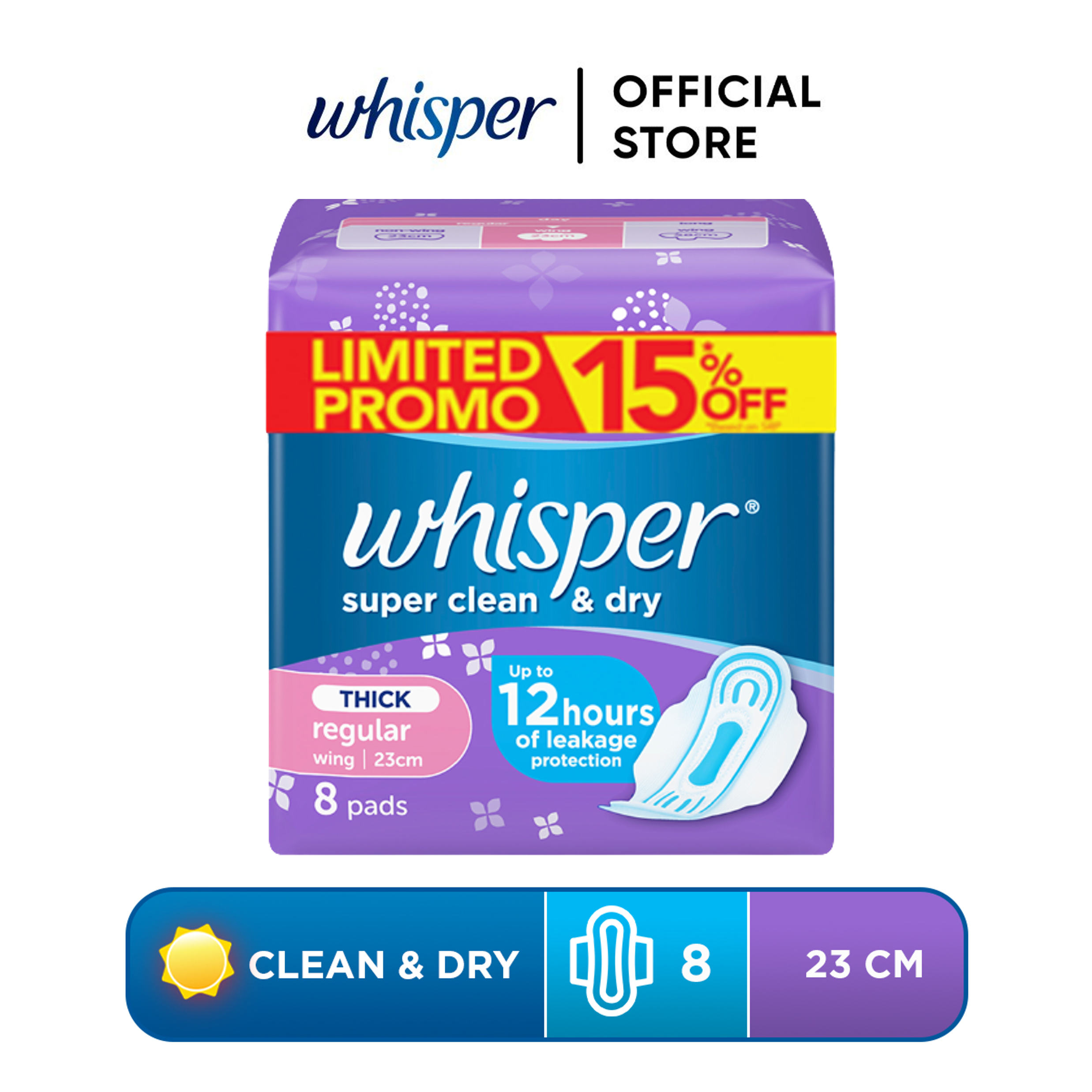 Buy Whisper Super Clean & Dry Regular Sanitary Napkin Non-Wings (8 pads)  Online