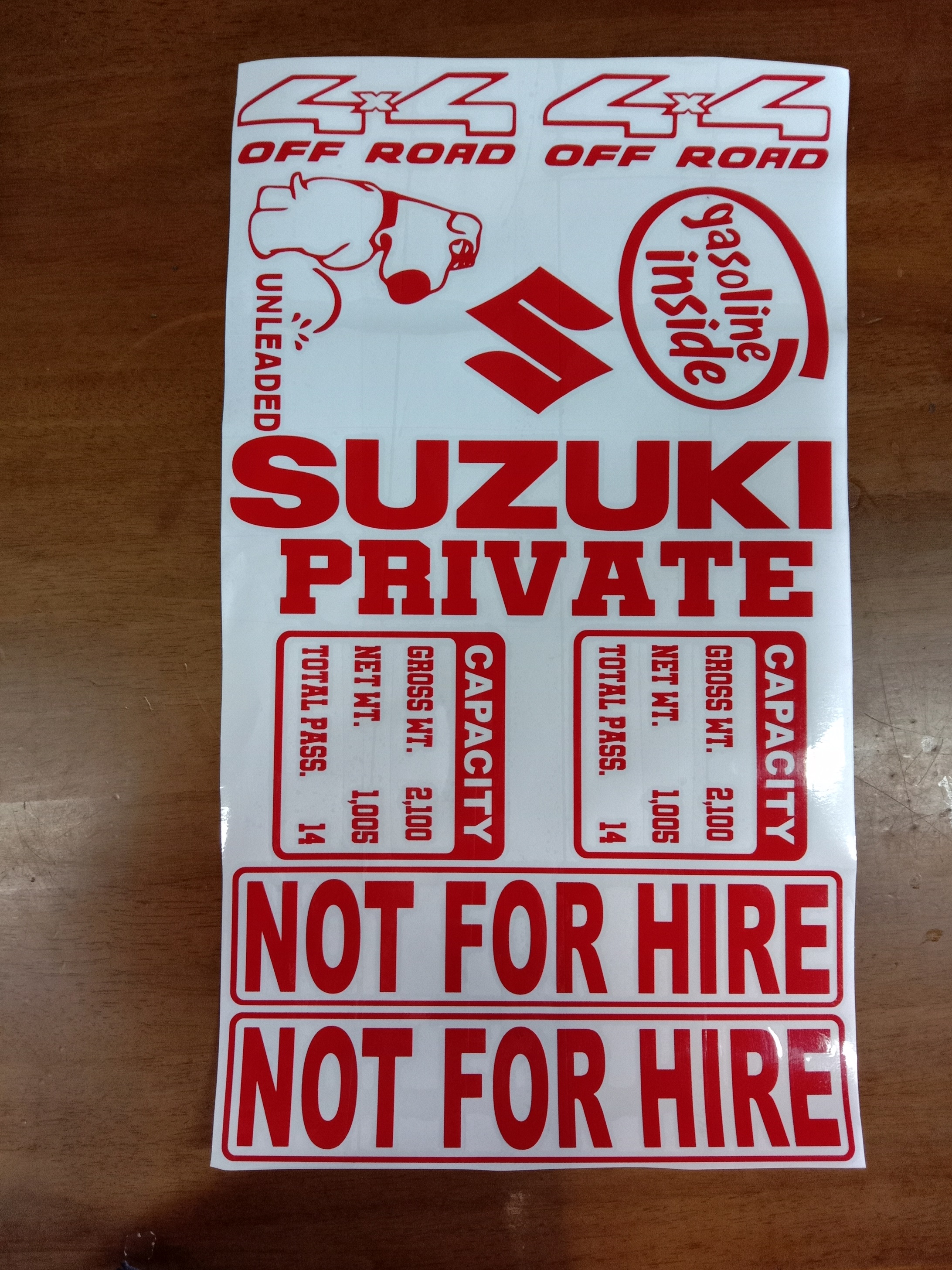 Suzuki Multicab Sticker Decals Set Capacity, Not for Hire, Private, 4X4