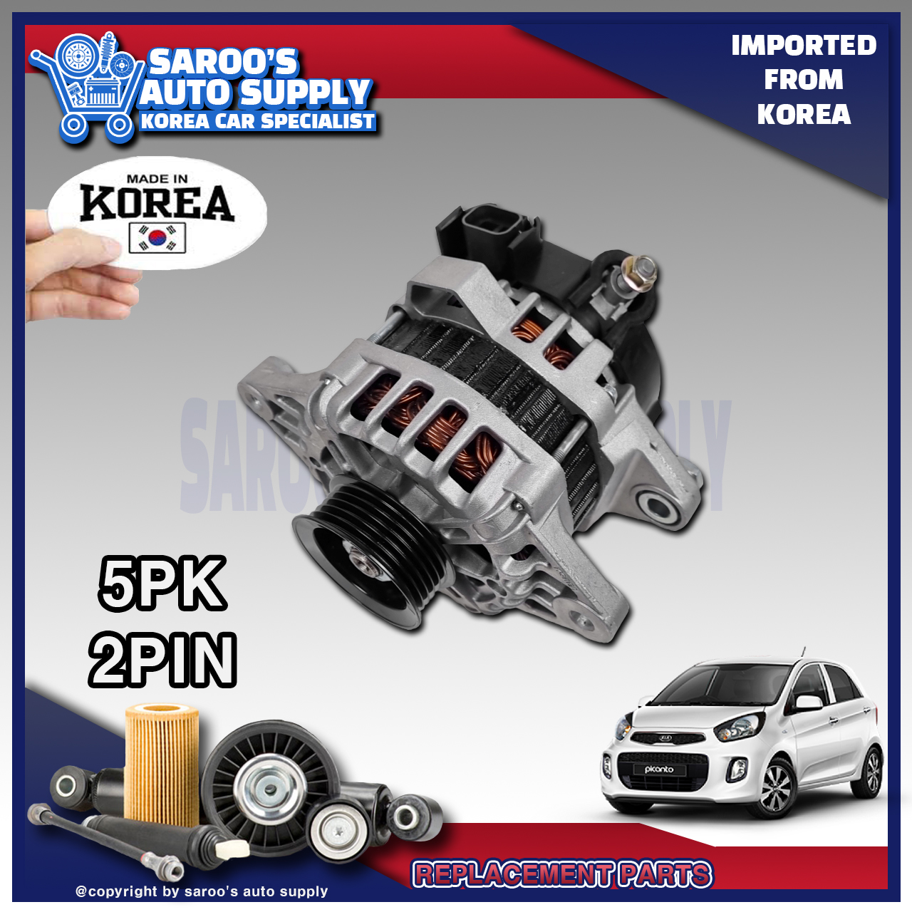 Alternator For Kia Picanto , 20112016 , Gas , Made In Korea , Top