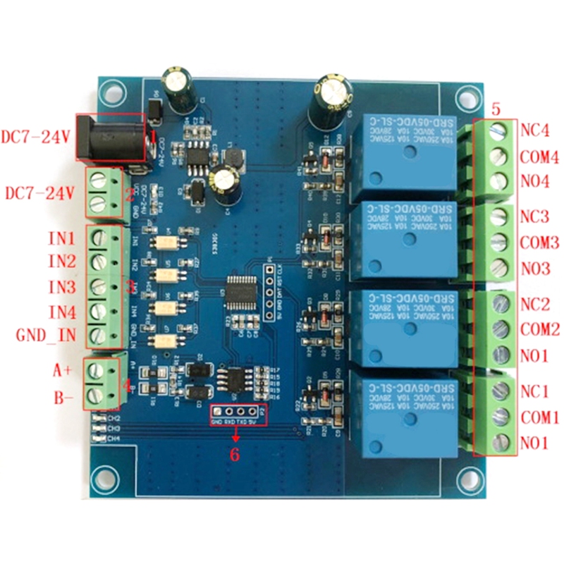 Modbus RTU 4 Way Relay Module 7-24V Relay Module Switch RS485/TTL Input and Output with Anti Reverse Protection