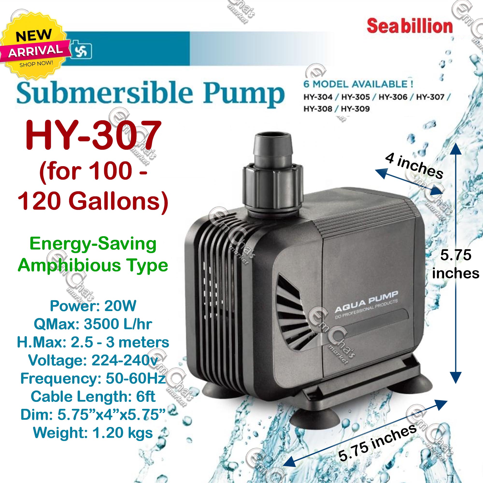 SeaBillion Aqua Pump HY-307 (SEVEN) Low Power Submersible Pump for 100 ...