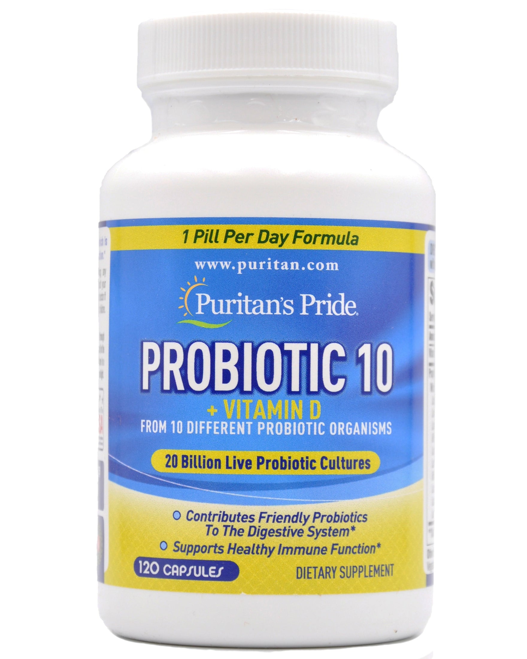 Puritan's Pride Probiotic 10 strains 20 Billion CFU w/ Vitamin D (120 ...