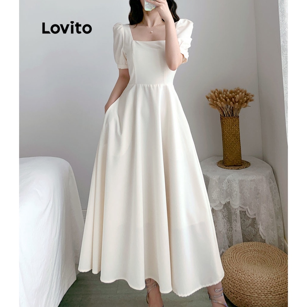 Lovito Plain Square Neck Dress For Women Lex White Lazada Ph