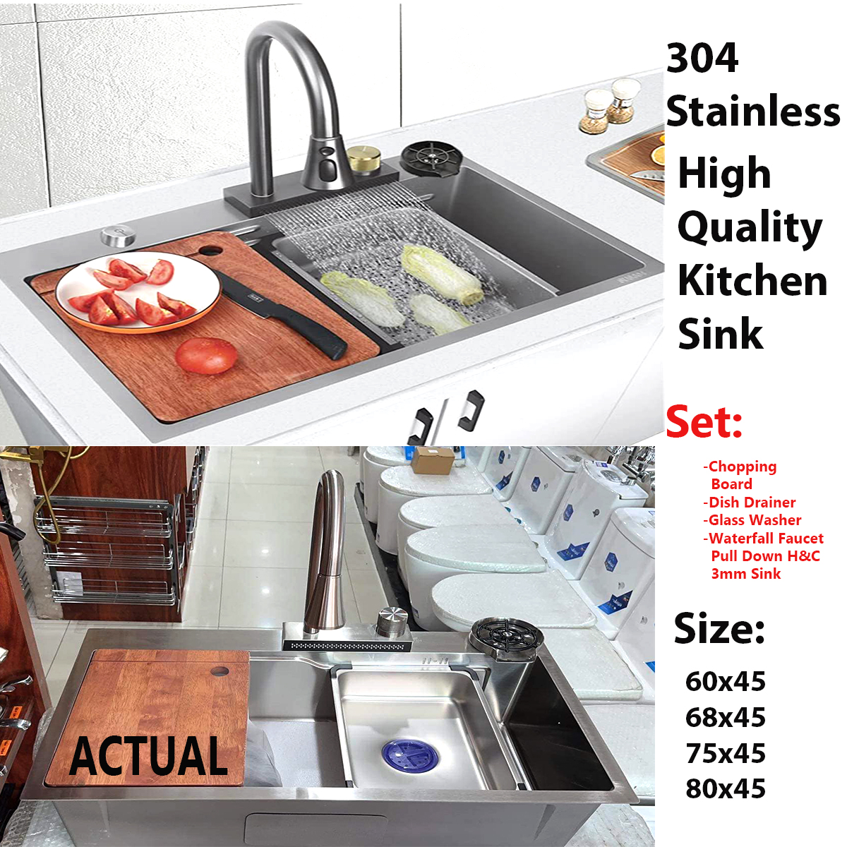 5 in 1 Kitchen Sink single tub 304 Stainless 3mm thickness / Modern