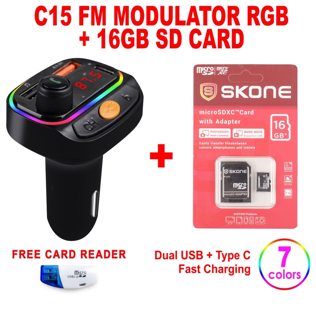 New 2023 FM Modulator Transmitter Aux Dual USB w/ Type C PD Charger RGB