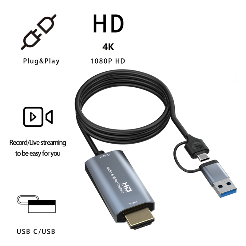 4K -Compatible to Type-C+USB Capture Card 1080P Computer Game Live Audio Video Capture Card 1.8M