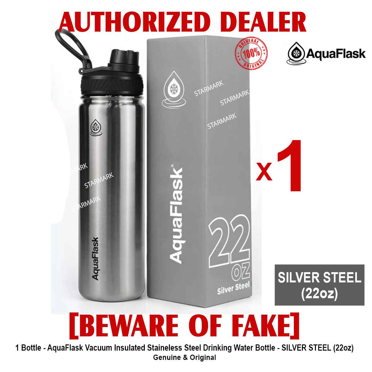 AQUAFLASK 22oz SILVER STEEL Aqua Flask Wide Mouth with Flip Cap Spout