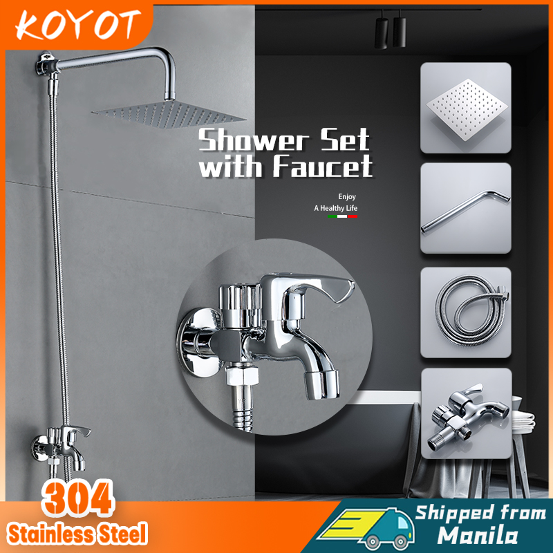KOYOT 304 Stainless Steel Bathroom Square Rain Shower Set with 1 in 2 out Faucet Hose Shower Rod