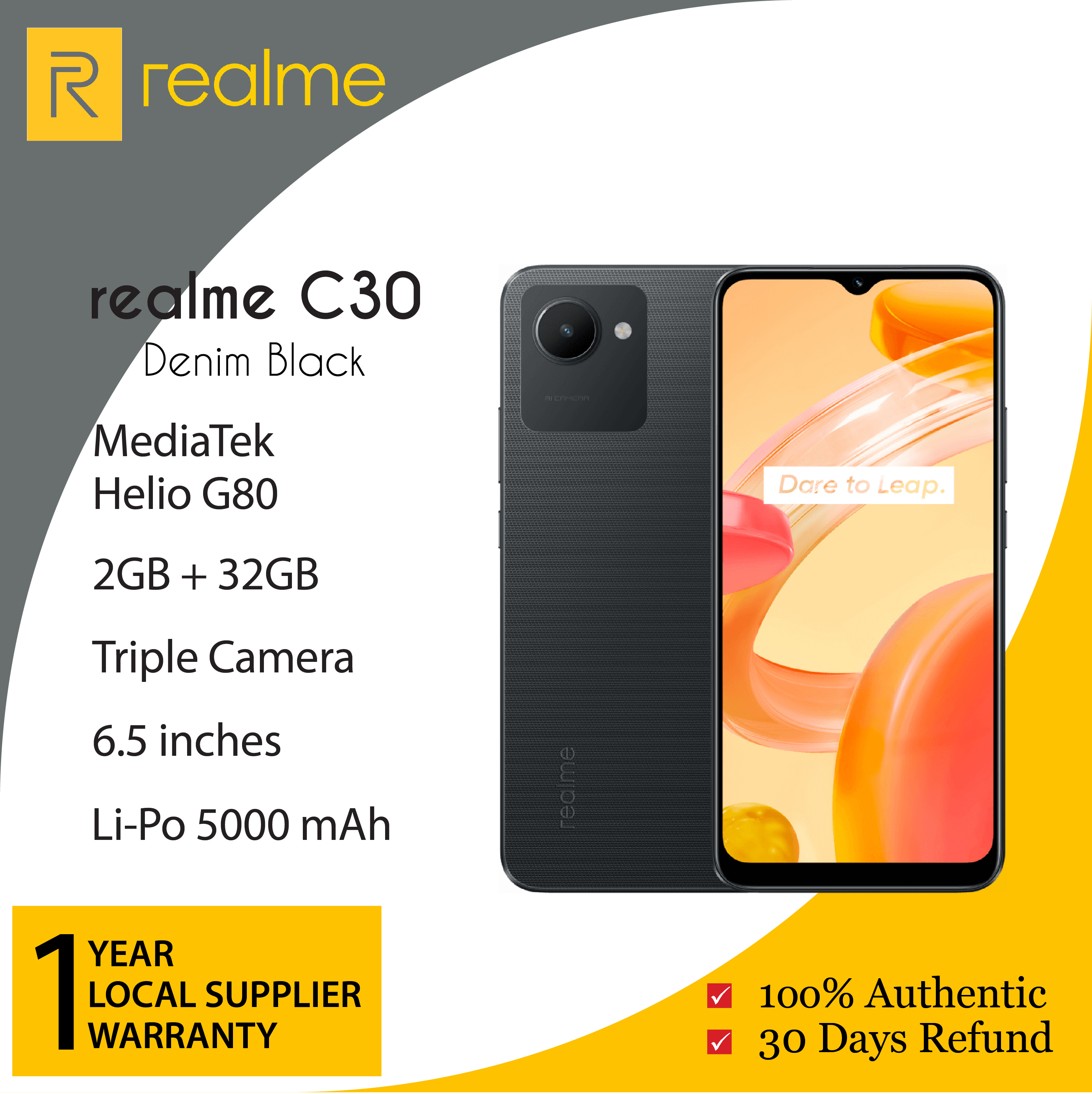 Realme C30 (2GB RAM+32GB ROM)6.5'' Fullscreen Display