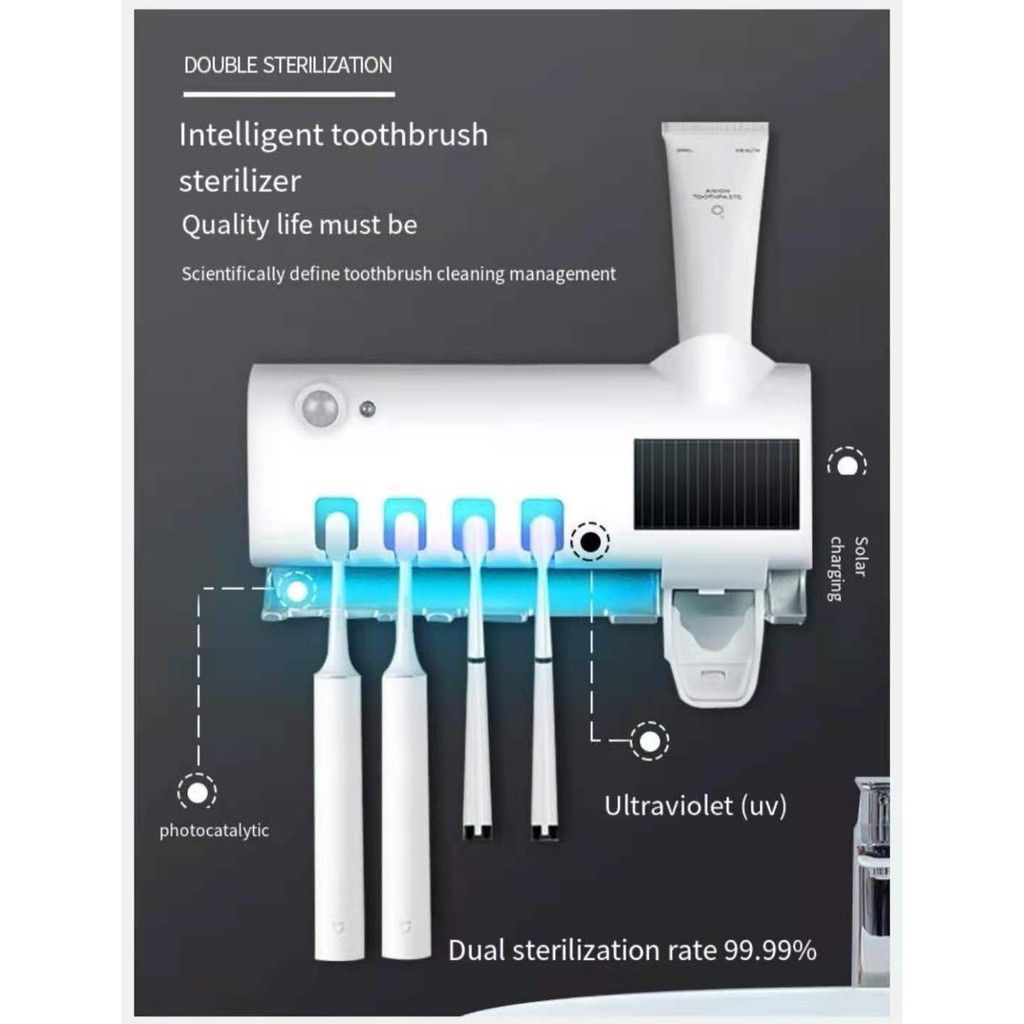Toothbrush sterilizer solar rechargeable UV disinfection wallmounted