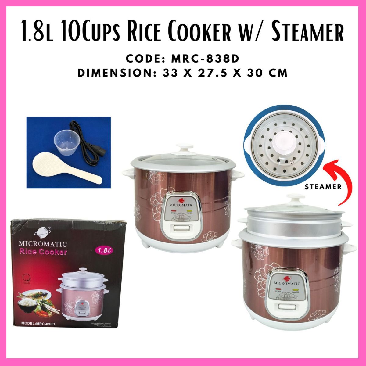 RICE COOKER WITH STEAMER 1.8 LITERS/ RICE COOKER WITH CUP/ RICE COOKER