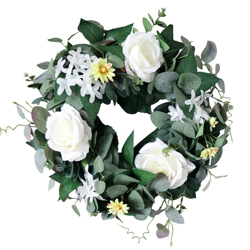 Artificial Eucalyptus Leaves Rose Flower Wreath for Front Door Wall Window Idyllic Outdoor Wedding Party Decoration