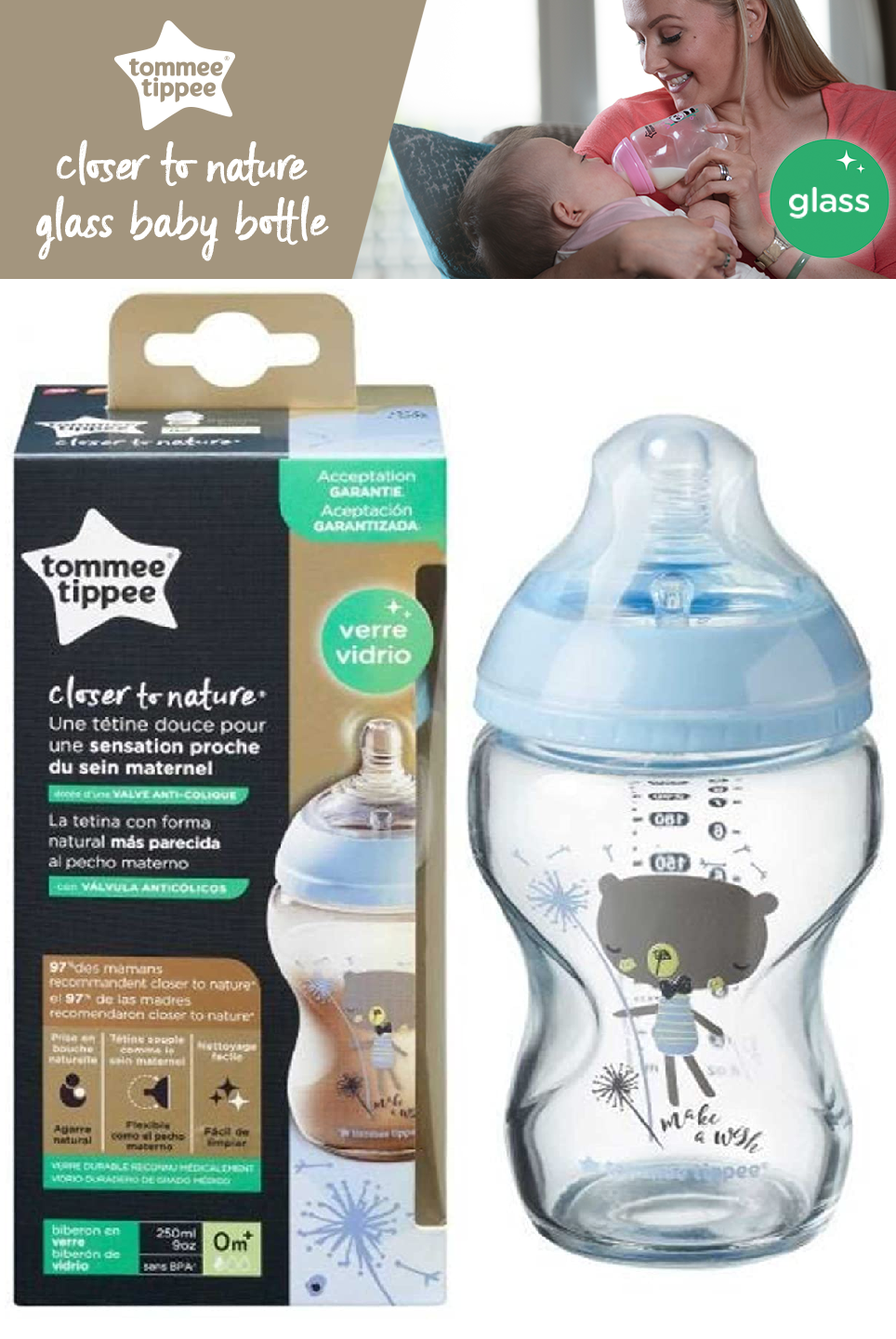 Tommee Tippee Closer to Nature Glass Baby Bottle, Breastlike teat with