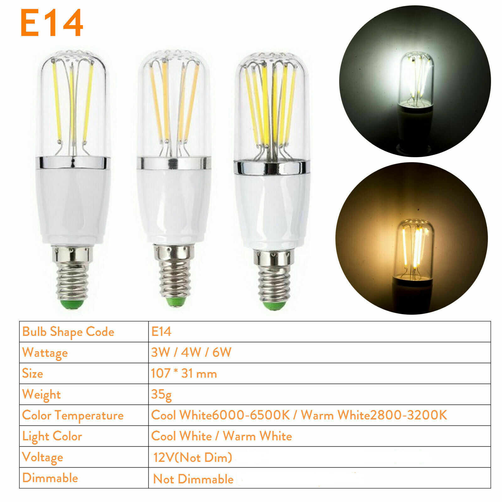 4Pcs E14 Dimmable LED Filament Bulb (6W warm white)