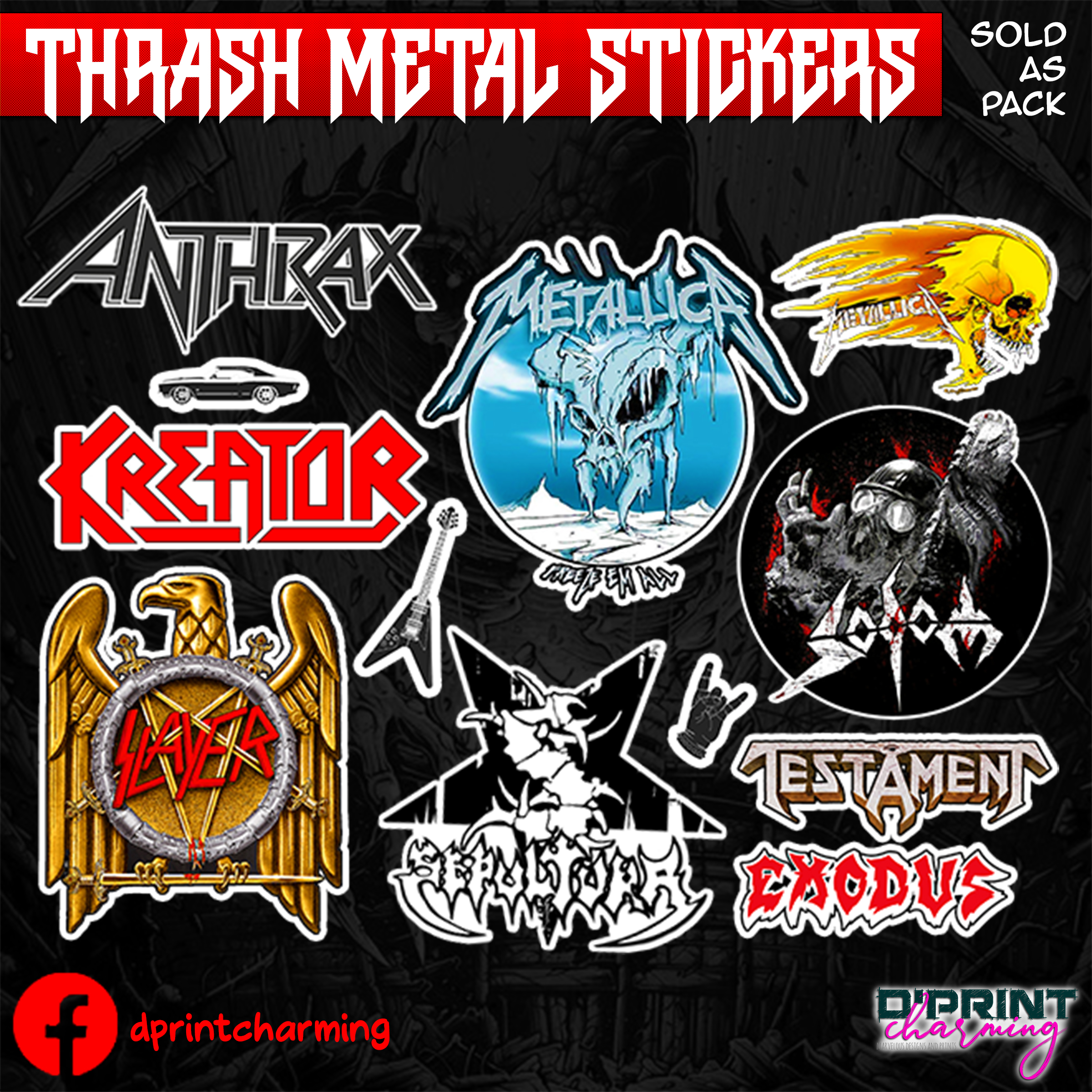 Thrash Metal Band Logo Sticker (sold as pack, choose Design Set