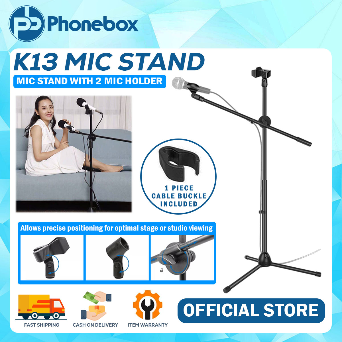 PHONEBOX Metal Microphone Stand with Boom Arm 360° Rotating Phone