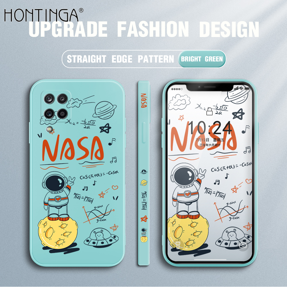 Hontinga Casing Case For Samsung Galaxy A12 M12 Case Cartoon Graffiti NASA Astronaut Moon Design Case Square Original Liquid Soft Silicone Edge Pattern Case Full Cover Camera Protection Cases Phone Casing Softcase For Boys