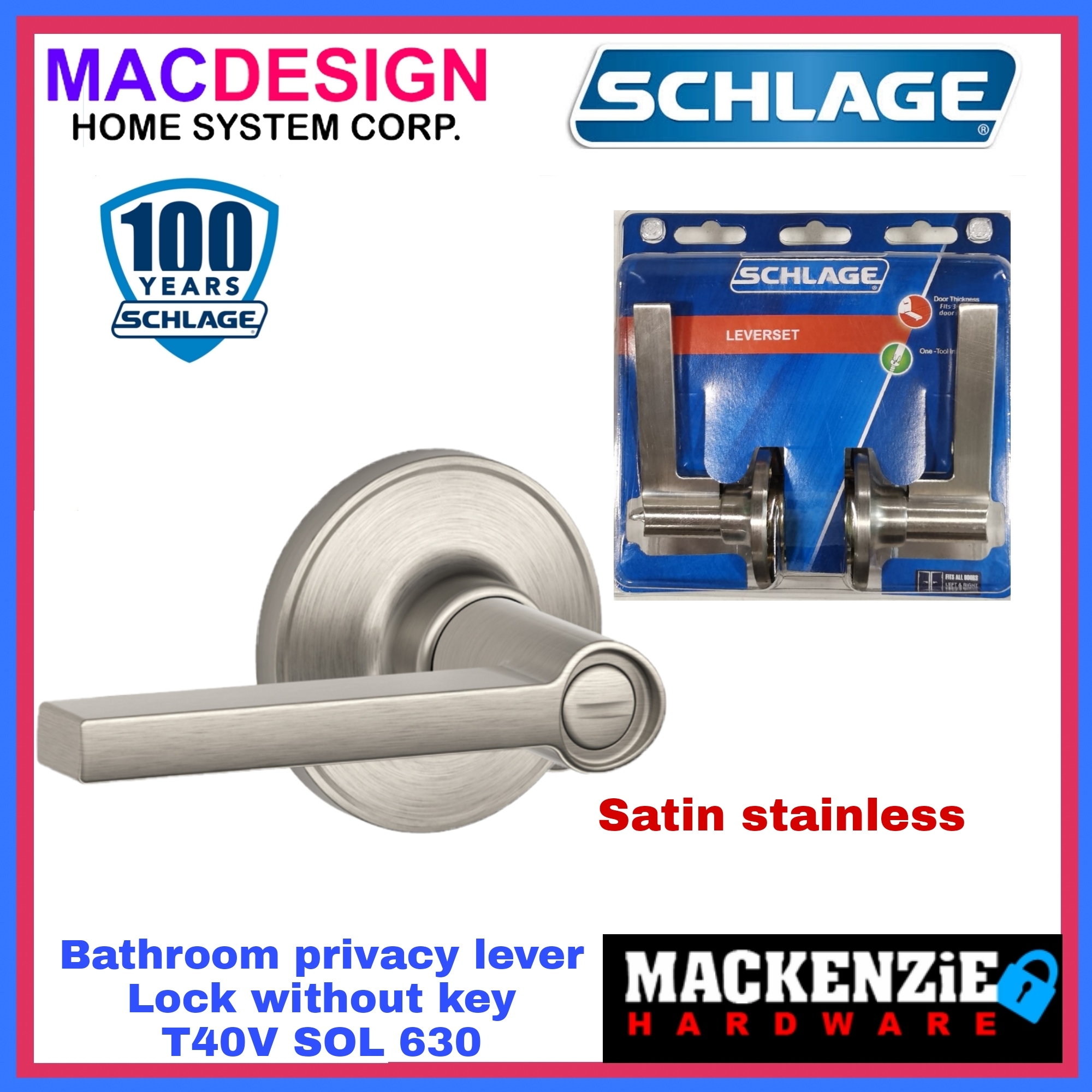 SCHLAGE BATHROOM PRIVACY LEVER DOOR LOCK LOCKSET T40V SOL 630 SATIN
